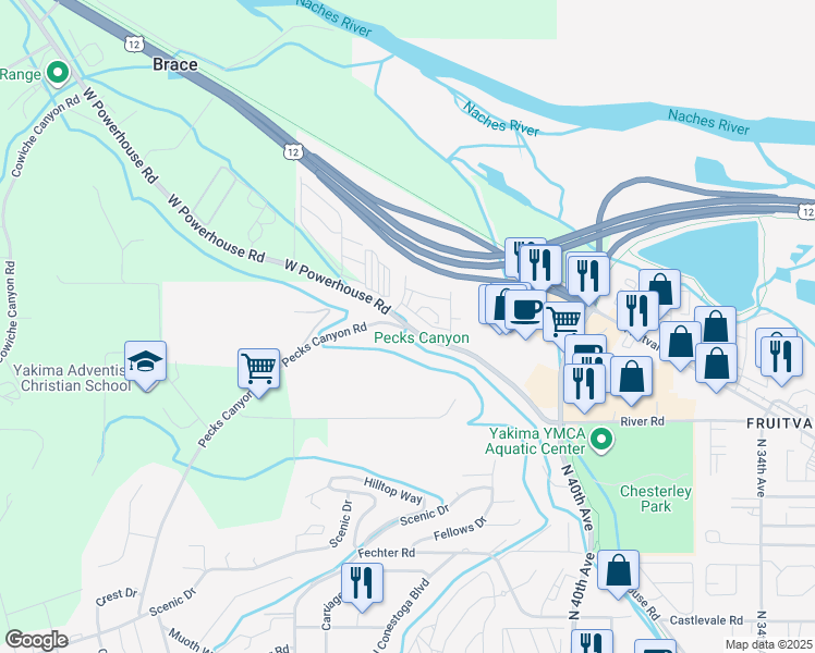 map of restaurants, bars, coffee shops, grocery stores, and more near 4351 West Powerhouse Road in Yakima