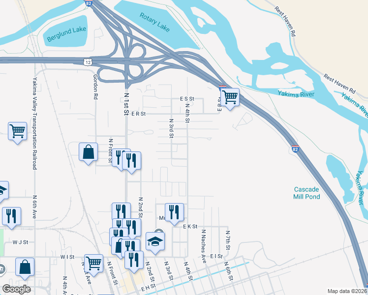 map of restaurants, bars, coffee shops, grocery stores, and more near 1504 North 4th Street in Yakima