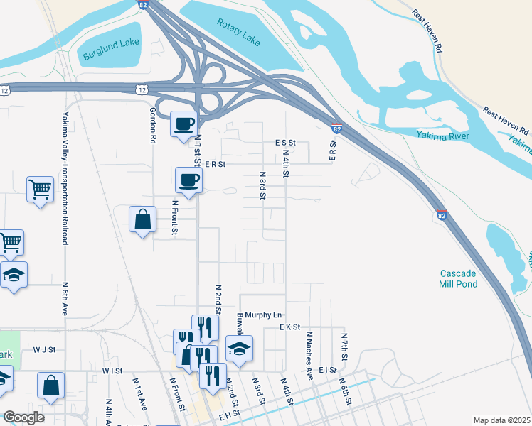 map of restaurants, bars, coffee shops, grocery stores, and more near 209 East P Street in Yakima