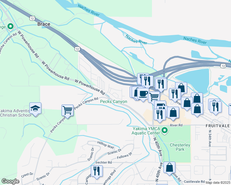 map of restaurants, bars, coffee shops, grocery stores, and more near U.S. 12 in Yakima