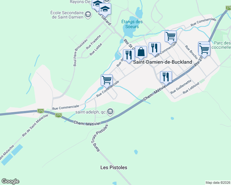 map of restaurants, bars, coffee shops, grocery stores, and more near 18 Rue Saint-Clément in Saint-Damien-de-Buckland