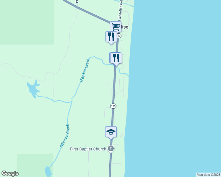 map of restaurants, bars, coffee shops, grocery stores, and more near 7917 Michigan 123 in Paradise