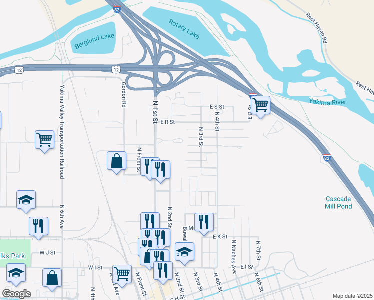 map of restaurants, bars, coffee shops, grocery stores, and more near 209 East P Street in Yakima