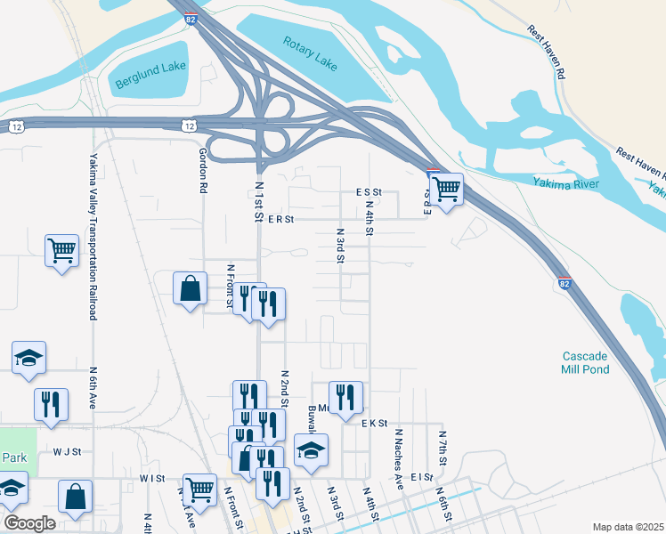 map of restaurants, bars, coffee shops, grocery stores, and more near 209 E P St in Yakima