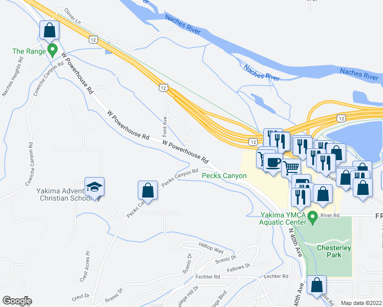 map of restaurants, bars, coffee shops, grocery stores, and more near 4351-4365 West Powerhouse Road in Yakima