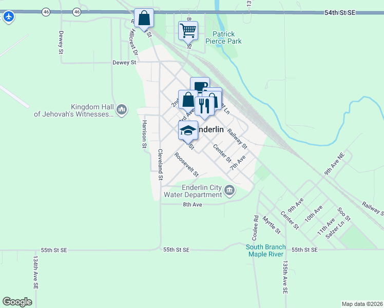 map of restaurants, bars, coffee shops, grocery stores, and more near 410 Bluff Street in Enderlin
