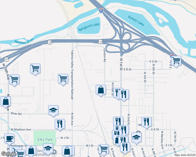 map of restaurants, bars, coffee shops, grocery stores, and more near 1400 Gordon Road in Yakima