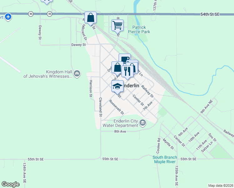 map of restaurants, bars, coffee shops, grocery stores, and more near 410 Bluff Street in Enderlin