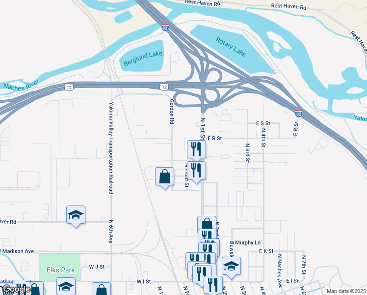 map of restaurants, bars, coffee shops, grocery stores, and more near 1614 North 1st Street in Yakima