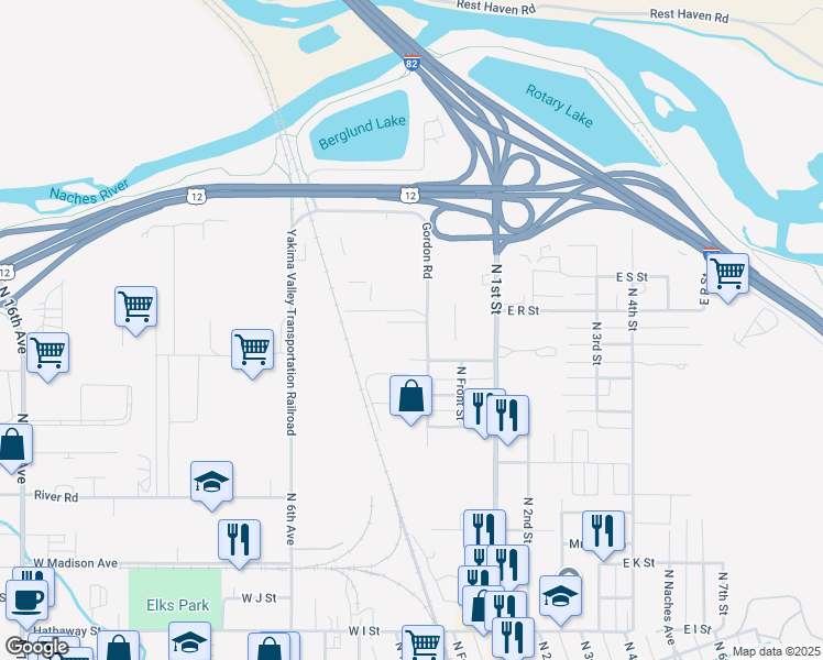 map of restaurants, bars, coffee shops, grocery stores, and more near 1616 Gordon Road in Yakima