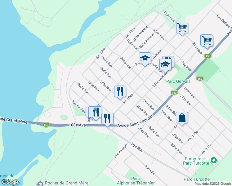 map of restaurants, bars, coffee shops, grocery stores, and more near 303 205e Rue in Shawinigan