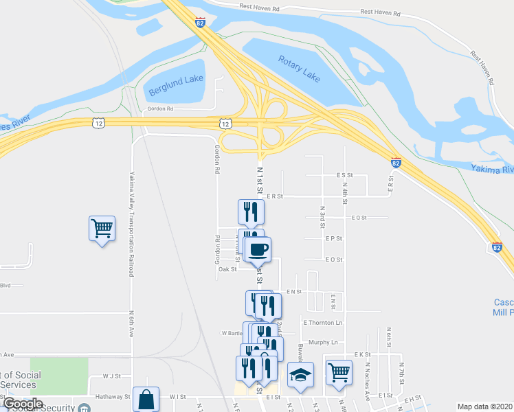 map of restaurants, bars, coffee shops, grocery stores, and more near 1614 N 1st St in Yakima