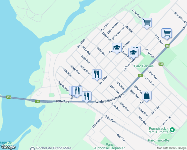 map of restaurants, bars, coffee shops, grocery stores, and more near 303 205e Rue in Shawinigan