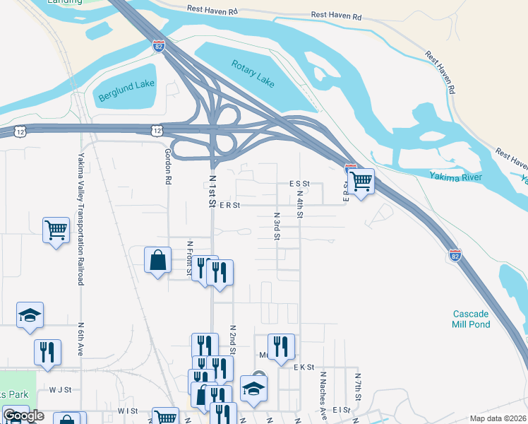 map of restaurants, bars, coffee shops, grocery stores, and more near 207 East R Street in Yakima