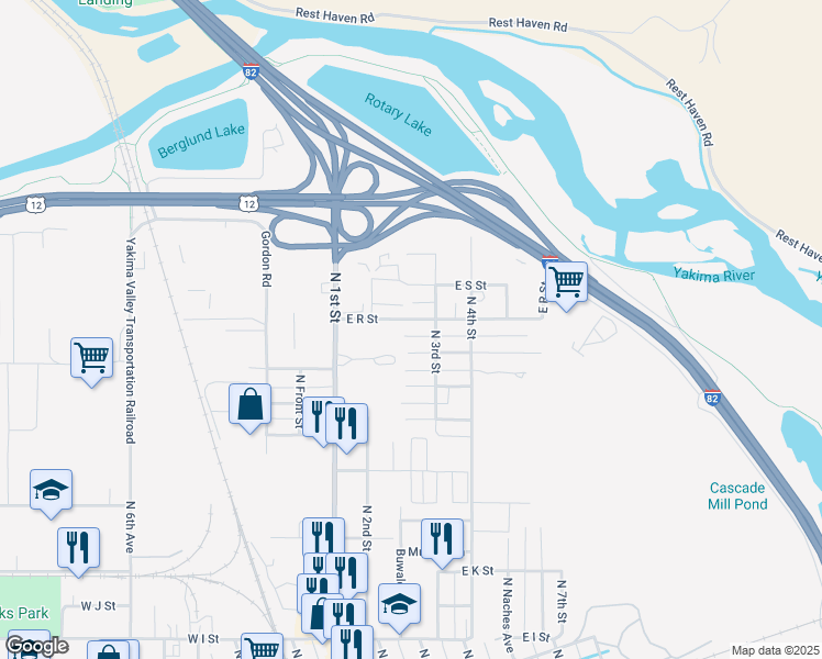 map of restaurants, bars, coffee shops, grocery stores, and more near 204 East R Street in Yakima