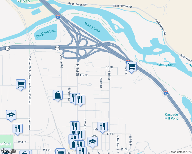 map of restaurants, bars, coffee shops, grocery stores, and more near 207 East R Street in Yakima