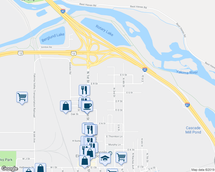 map of restaurants, bars, coffee shops, grocery stores, and more near 207 East R Street in Yakima