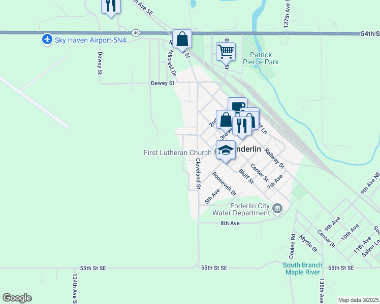 map of restaurants, bars, coffee shops, grocery stores, and more near 116 May Street in Enderlin