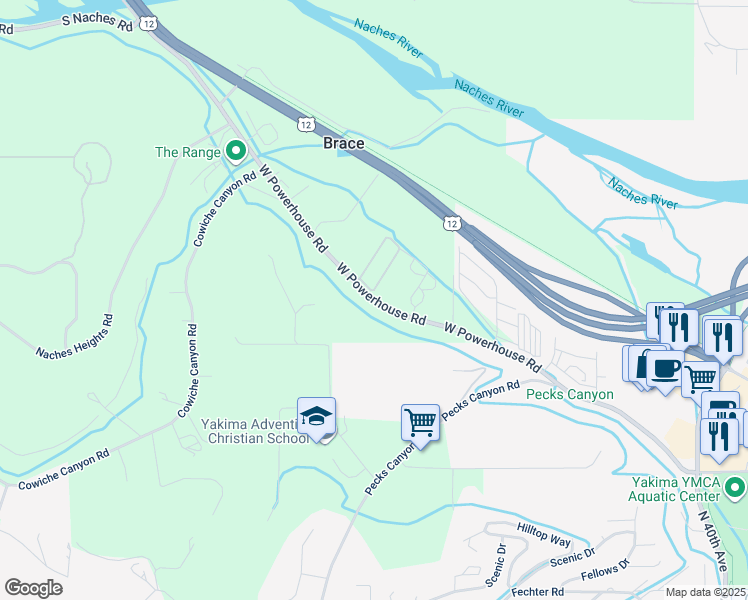 map of restaurants, bars, coffee shops, grocery stores, and more near 4387 West Powerhouse Road in Yakima