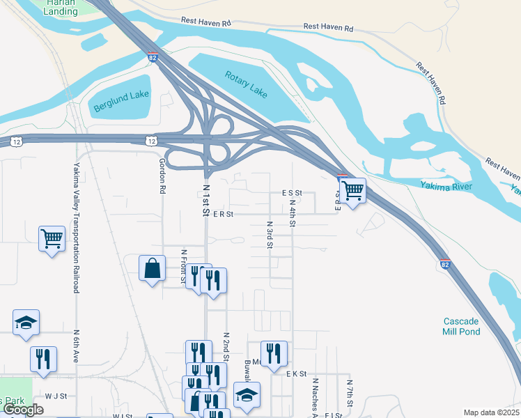 map of restaurants, bars, coffee shops, grocery stores, and more near 207 East R Street in Yakima