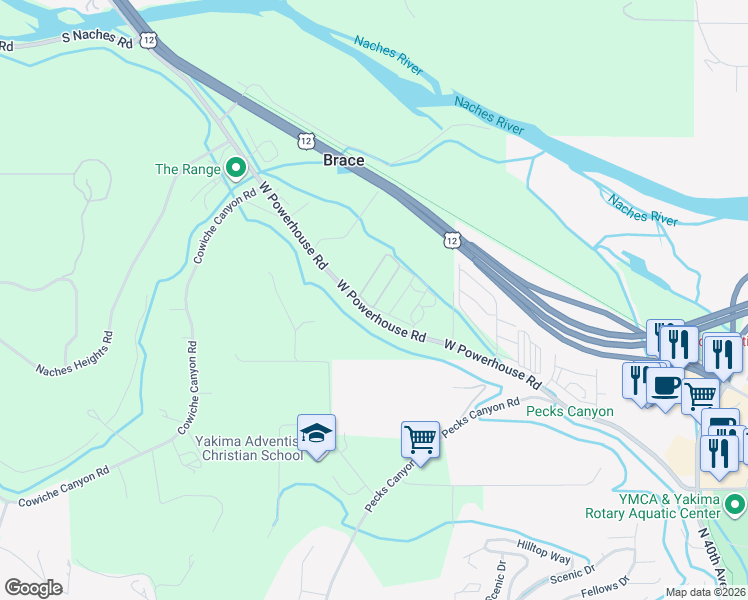 map of restaurants, bars, coffee shops, grocery stores, and more near 4386 West Powerhouse Road in Yakima