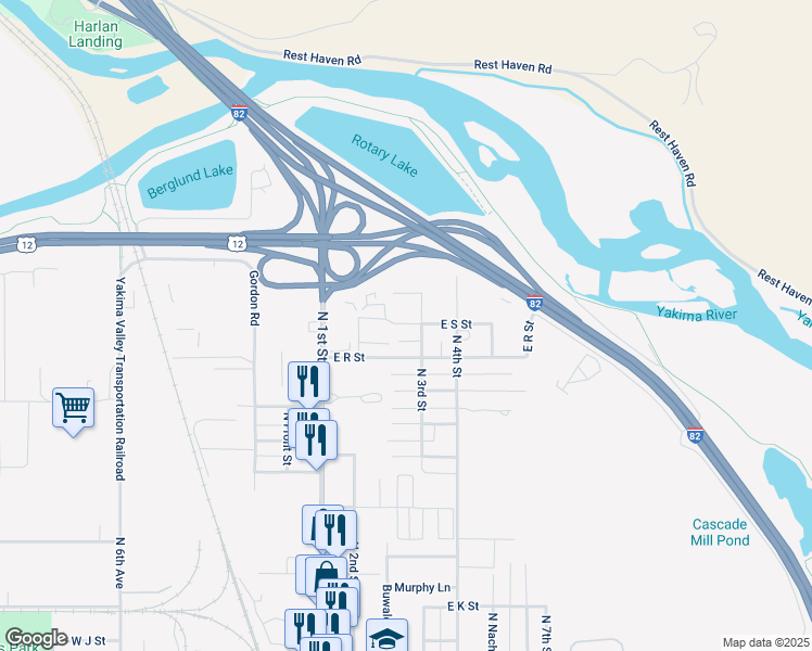 map of restaurants, bars, coffee shops, grocery stores, and more near 1410-1898 N 3rd St in Yakima