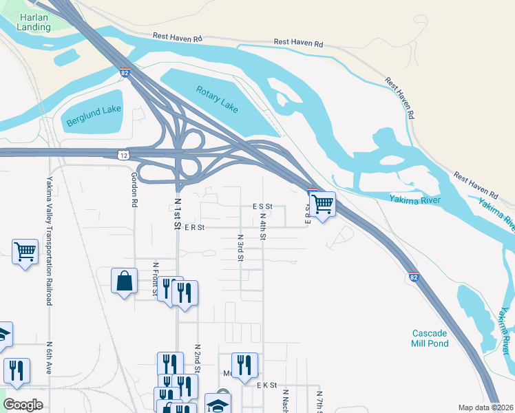 map of restaurants, bars, coffee shops, grocery stores, and more near East S Street in Yakima