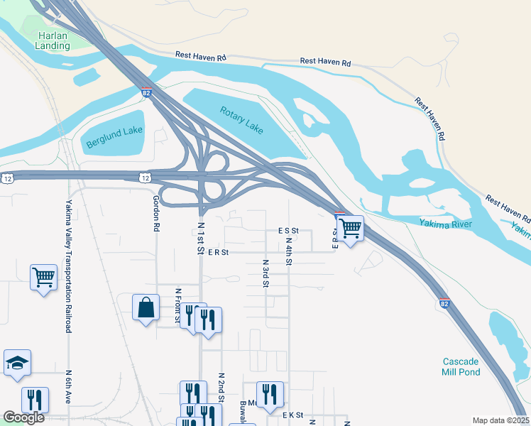 map of restaurants, bars, coffee shops, grocery stores, and more near 1898 N 3rd St in Yakima
