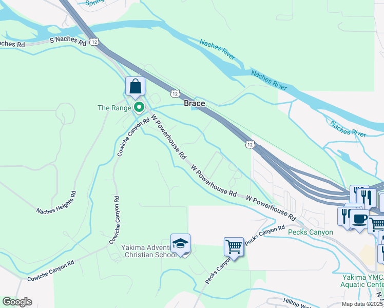 map of restaurants, bars, coffee shops, grocery stores, and more near 4387-4401 West Powerhouse Road in Yakima