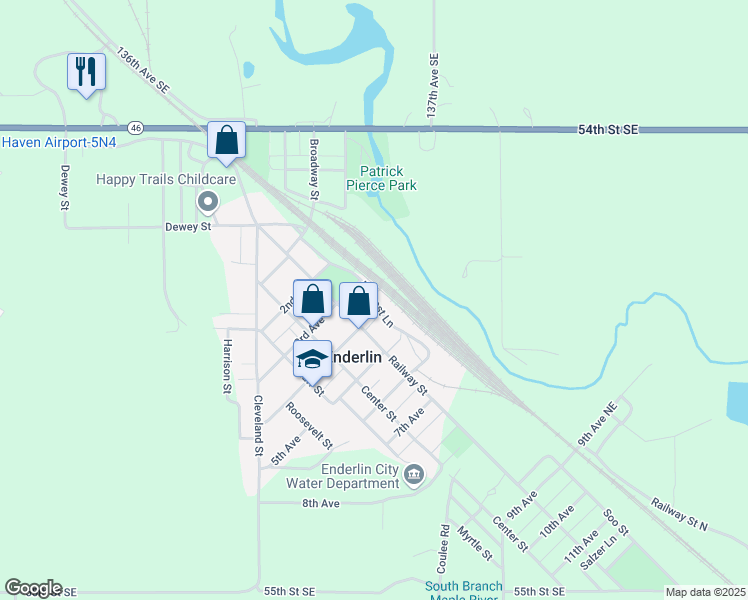 map of restaurants, bars, coffee shops, grocery stores, and more near Harvest Lane in Enderlin