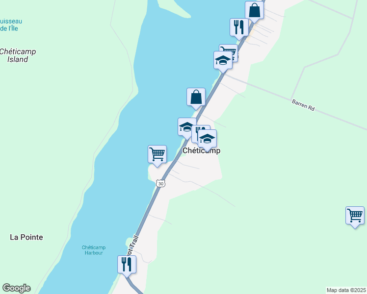 map of restaurants, bars, coffee shops, grocery stores, and more near Nova Scotia Trunk 30 in Chéticamp