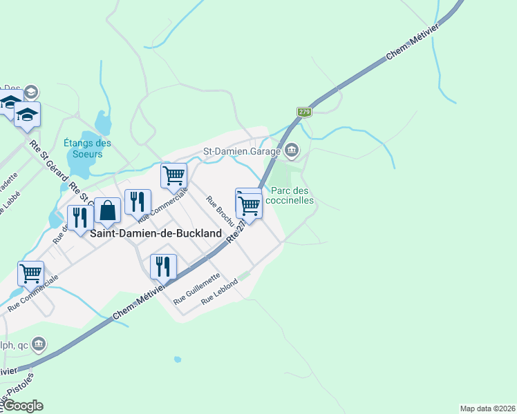map of restaurants, bars, coffee shops, grocery stores, and more near 210 Chemin Métivier in Saint-Damien-de-Buckland