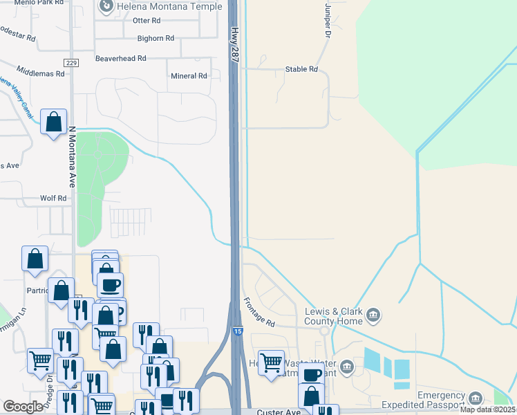 map of restaurants, bars, coffee shops, grocery stores, and more near 3221 Frontage Road in Helena