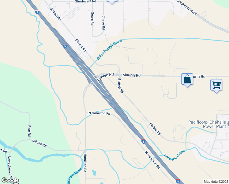 map of restaurants, bars, coffee shops, grocery stores, and more near 1630 Bishop Road in Chehalis