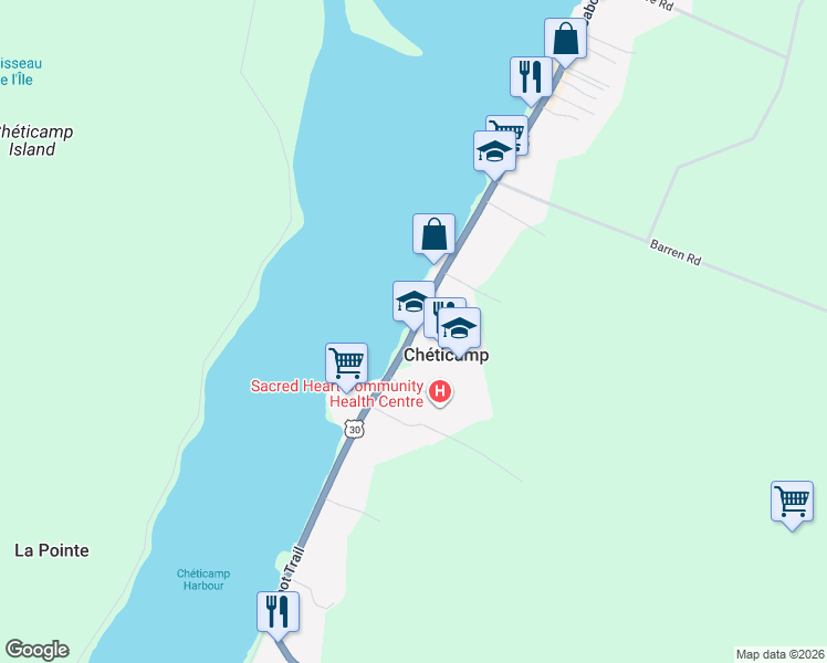 map of restaurants, bars, coffee shops, grocery stores, and more near Nova Scotia Trunk 30 in Chéticamp