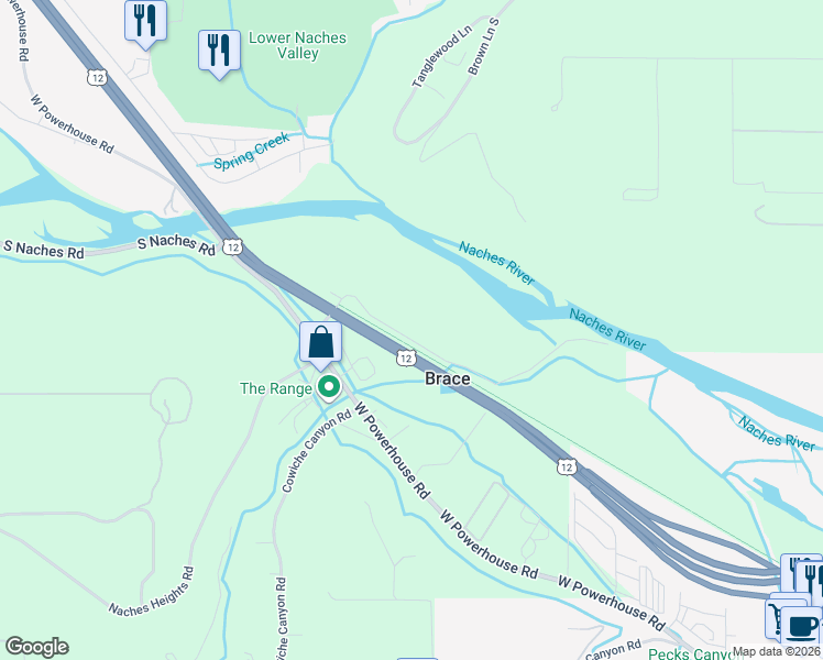 map of restaurants, bars, coffee shops, grocery stores, and more near 5305 Clover Lane in Yakima