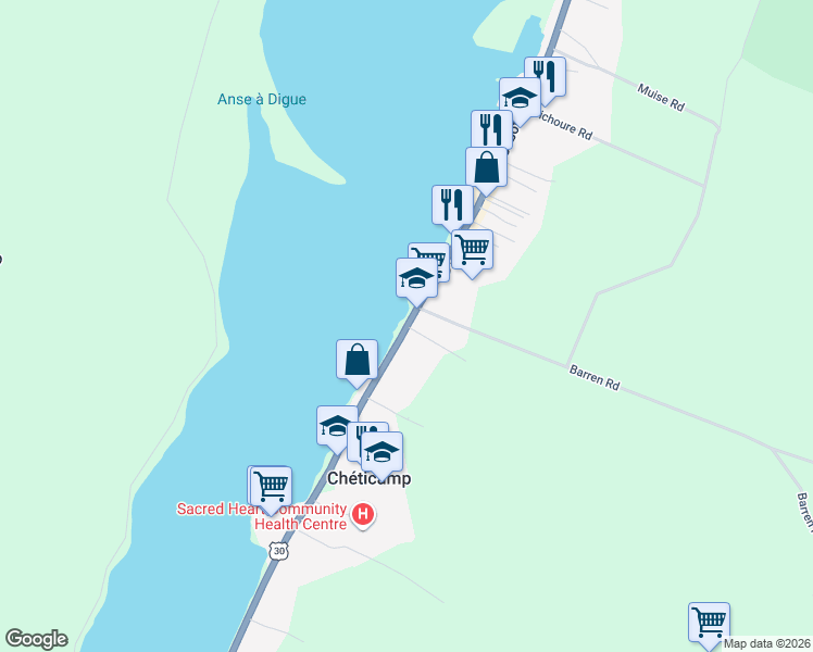 map of restaurants, bars, coffee shops, grocery stores, and more near Nova Scotia Trunk 30 in Chéticamp