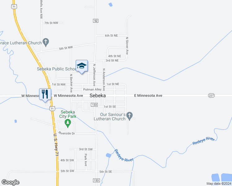 map of restaurants, bars, coffee shops, grocery stores, and more near 302 East Minnesota Avenue in Sebeka