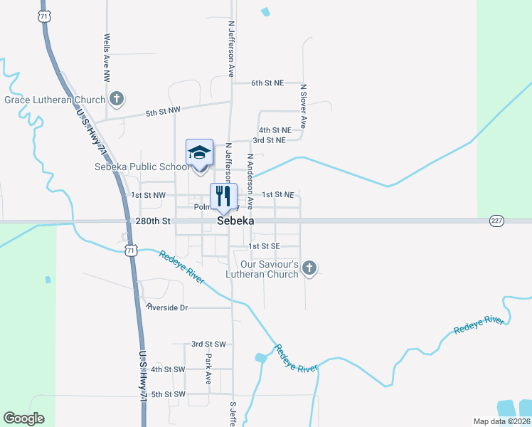 map of restaurants, bars, coffee shops, grocery stores, and more near 302 East Minnesota Avenue in Sebeka