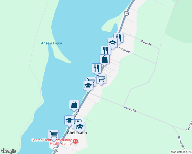 map of restaurants, bars, coffee shops, grocery stores, and more near 15279 Cabot Trail in Chéticamp