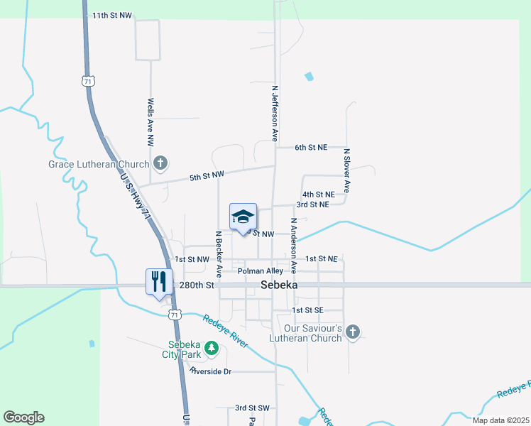 map of restaurants, bars, coffee shops, grocery stores, and more near 305 North Jefferson Avenue in Sebeka