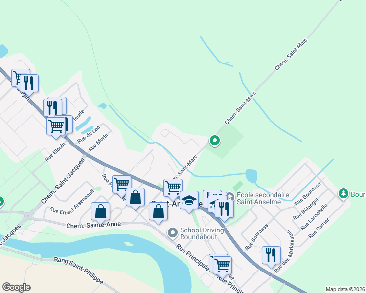 map of restaurants, bars, coffee shops, grocery stores, and more near 26 Rue du Parc in Saint-Anselme
