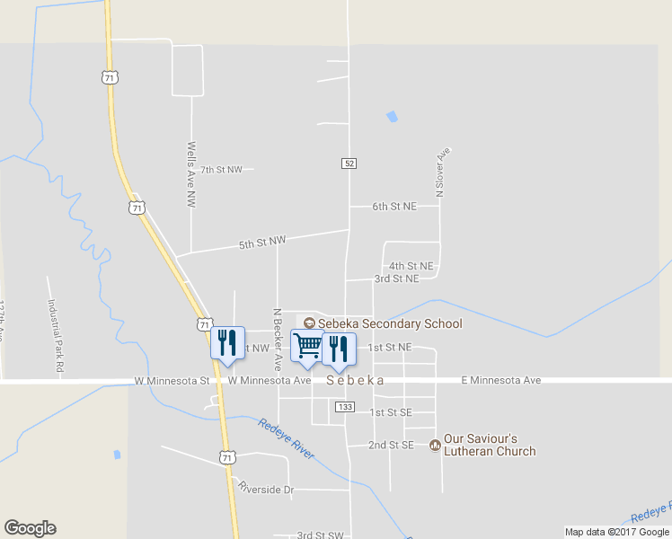 map of restaurants, bars, coffee shops, grocery stores, and more near 305 North Jefferson Avenue in Sebeka