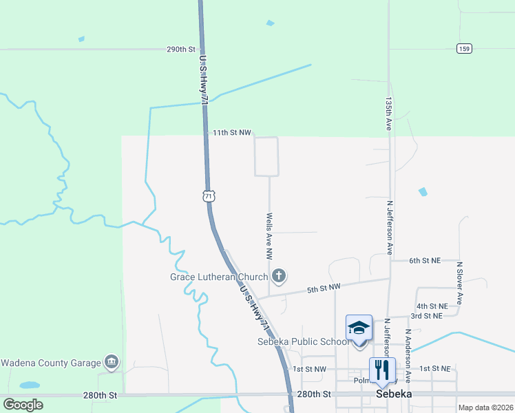 map of restaurants, bars, coffee shops, grocery stores, and more near 803 Wells Avenue Northwest in Sebeka