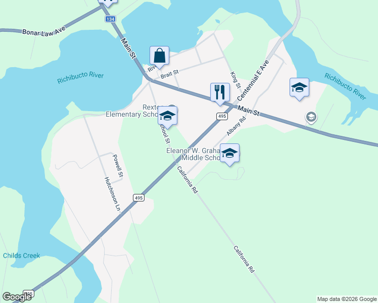 map of restaurants, bars, coffee shops, grocery stores, and more near 26 Albany Road in Rexton