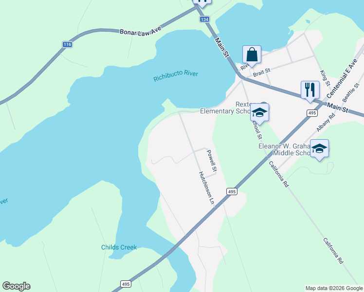 map of restaurants, bars, coffee shops, grocery stores, and more near 29 Hutchinson Lane in Rexton