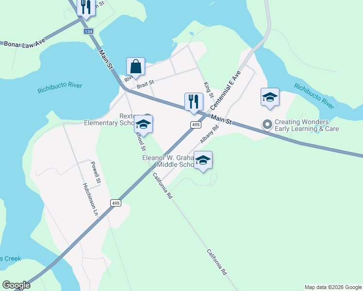 map of restaurants, bars, coffee shops, grocery stores, and more near 16 Albany Road in Rexton