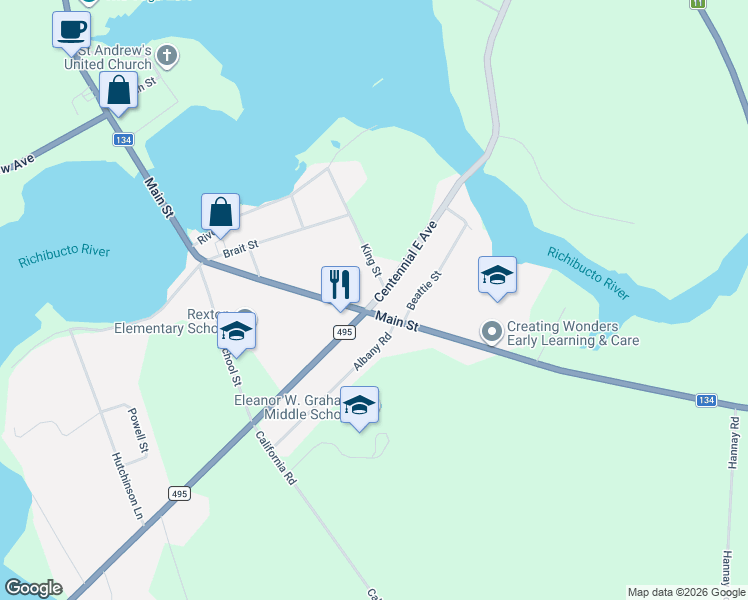 map of restaurants, bars, coffee shops, grocery stores, and more near 5 King Street in Rexton