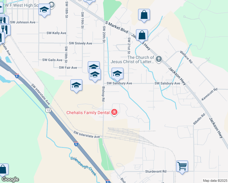 map of restaurants, bars, coffee shops, grocery stores, and more near 2057 Southwest Salsbury Avenue in Chehalis