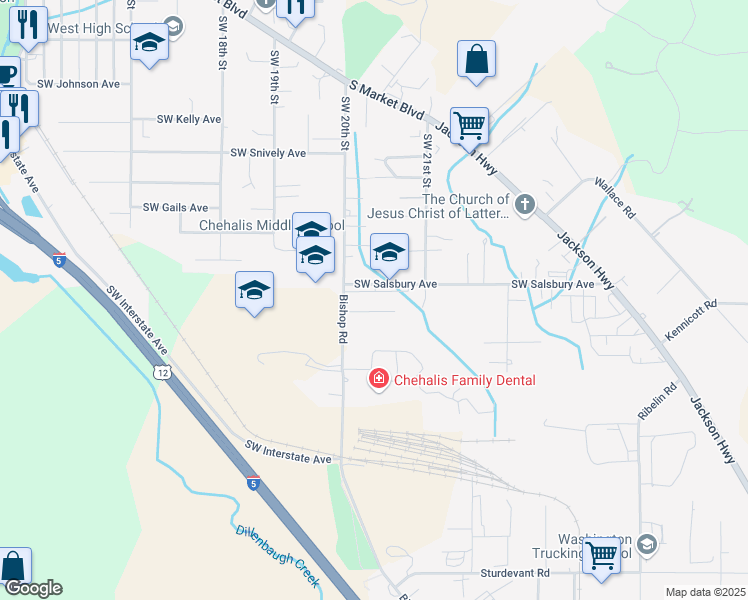 map of restaurants, bars, coffee shops, grocery stores, and more near 2057 Southwest Salsbury Avenue in Chehalis